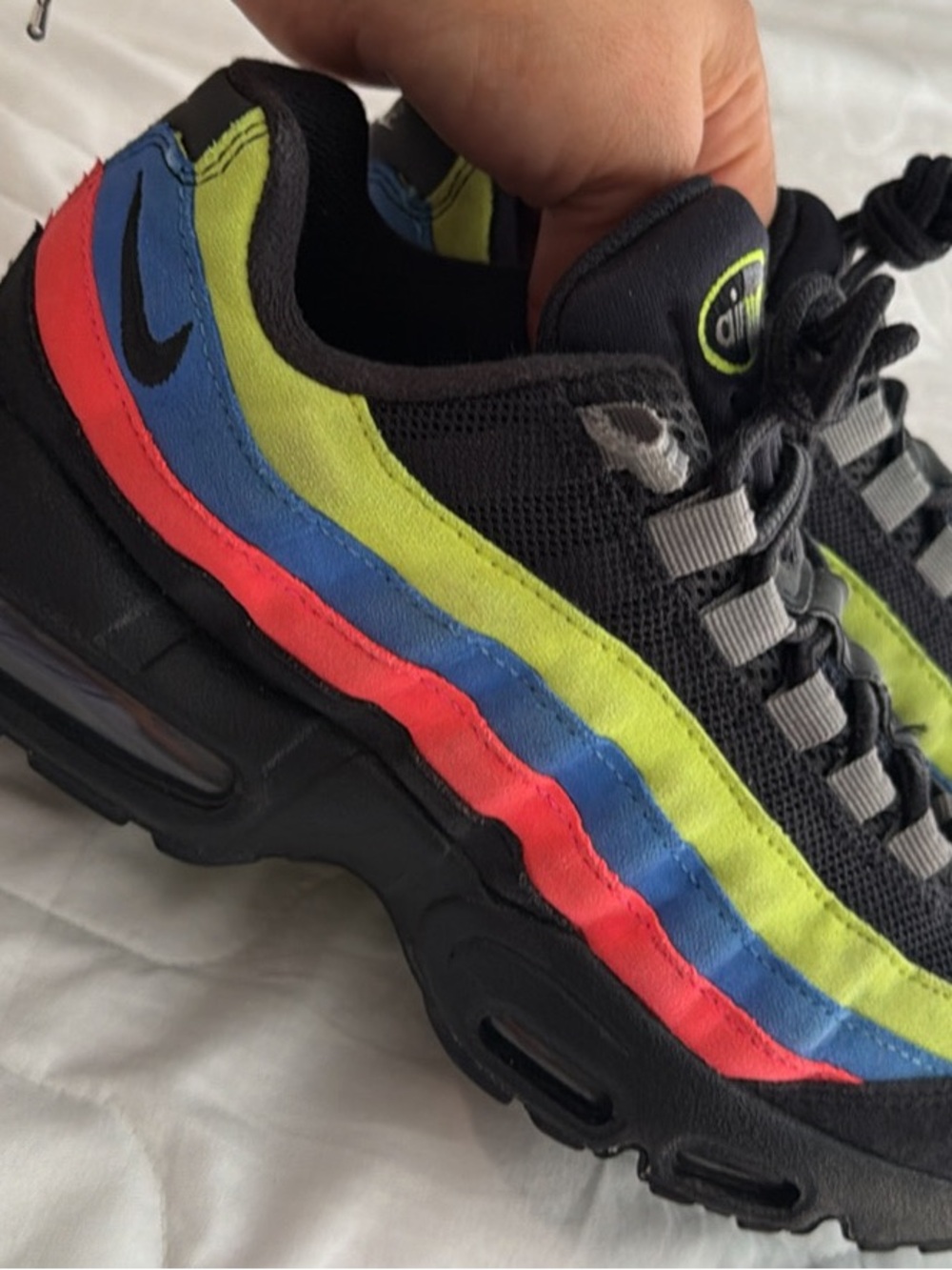 Nike Kids Air Max 95 Black with Neon Green Blue and Pink Accents - Picture 3 of 7